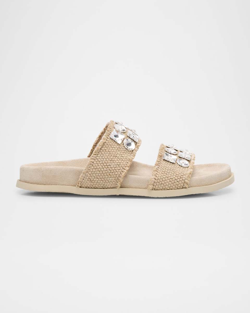 Dilys Two-Band Embellished Frayed Linen Sandals